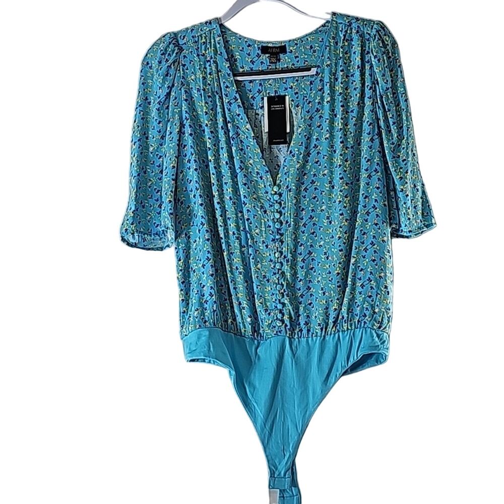 Womens NWT Sz XL Blue Dainty Floral Fairy Covered Buttons Puff Sleeve AFRM Top